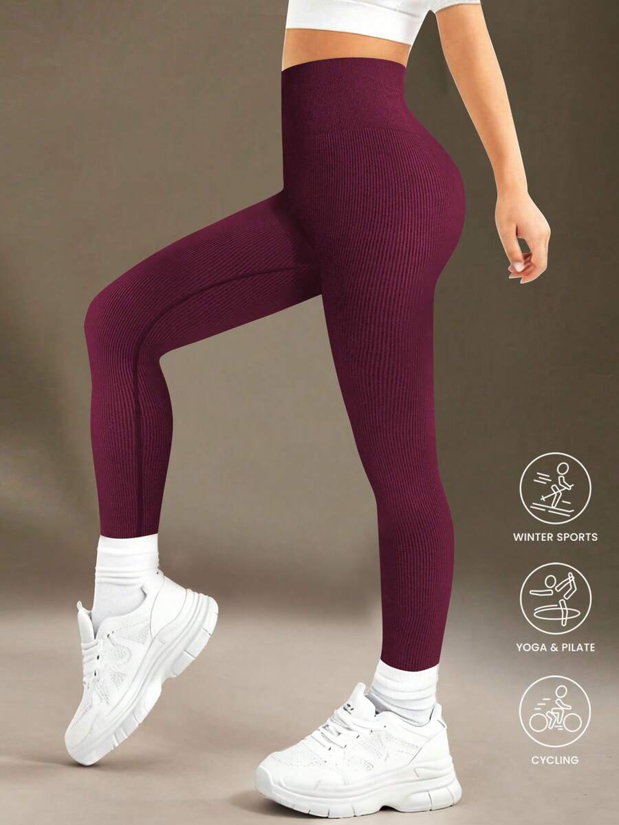 SHEIN Tween Girl High Waisted Ribbed Seamless Slim Leggings,Burgundy Red,Autumn,Athletic,Gym Sport Breathable 4-Way Stretch Legging For Yoga Running Cycling - Burgundy - View 1