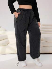 Solflare Plus Size 2026 Spring&Summer Adjustable Hem Soft Comfortable Relaxed Fit Sweatpants,Grey Baggy Casual Curve Loungewear, Drawstring Cuff Pants - Black - View 4