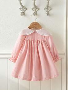SHEIN Baby Girls' Elegant Floral Collar Design Long Sleeve Loose A-Line Dress, Soft Fabric Suitable For Delicate Skin, Spring/Summer - Pink - View 3