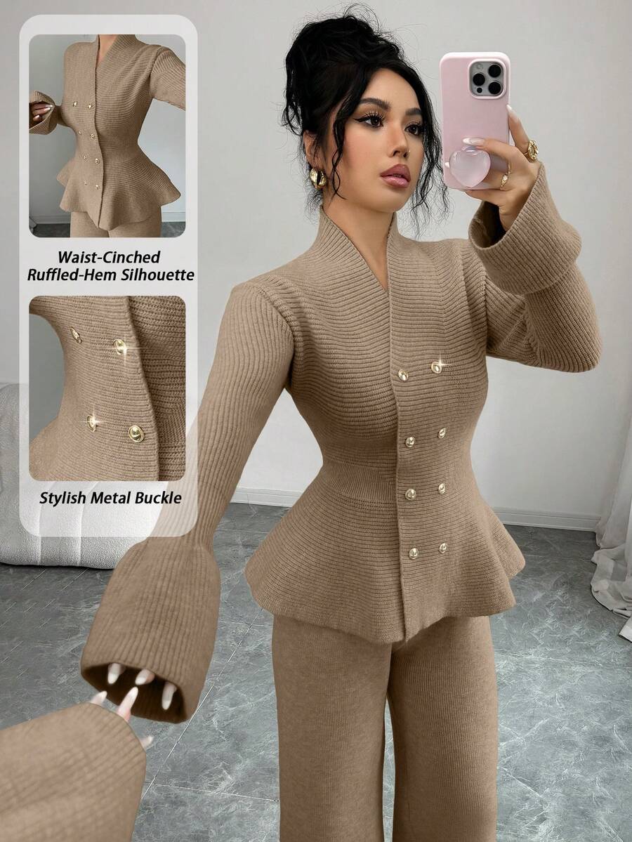 Elenzga 两件套：优雅休闲通勤蓝色立领喇叭袖收腰开衫和直筒针织衫，秋冬款 - 駝色 - 查看 1