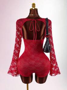 Amplova 情人节及新年红色镂空修身迷你连体裤（女款） - 紅色 - 查看 7