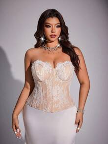 Viva Relle 女士白色撞色花卉蕾丝修身吊带背心，连体衣，无袖露脐系带心形领上衣，适合派对、情人节等场合 - 白色 - 查看 3