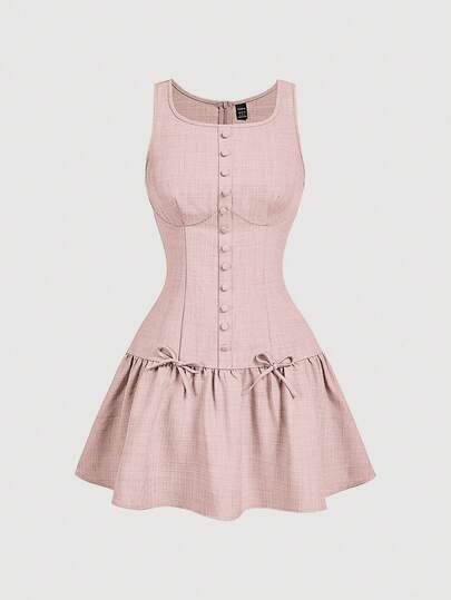 SHEIN MOD 女士优雅蝴蝶结装饰无袖荷叶边修身迷你连衣裙，学院风，夏季