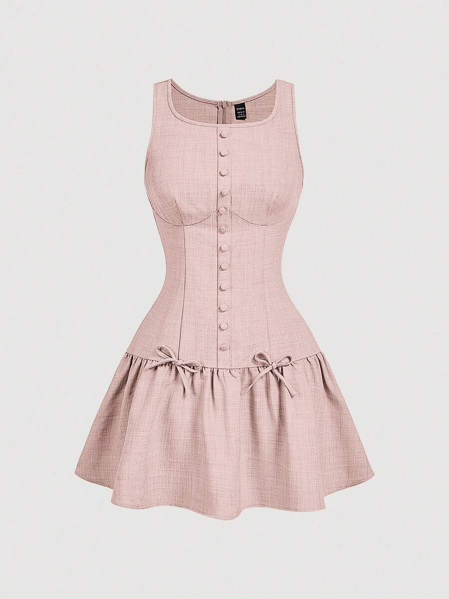 SHEIN MOD Váy ngắn ôm sát không tay viền bèo nhún trang trí nơ thanh lịch dành cho nữ, phong cách đại học, mùa hè - Hồng - Xem 1