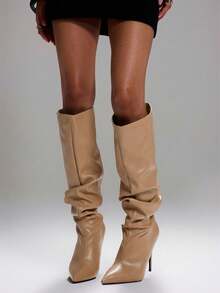 Mnmlis Women's Fashion Versatile Pointed Toe Knee-High Heeled Boots For Christmas - Apricot - View 1