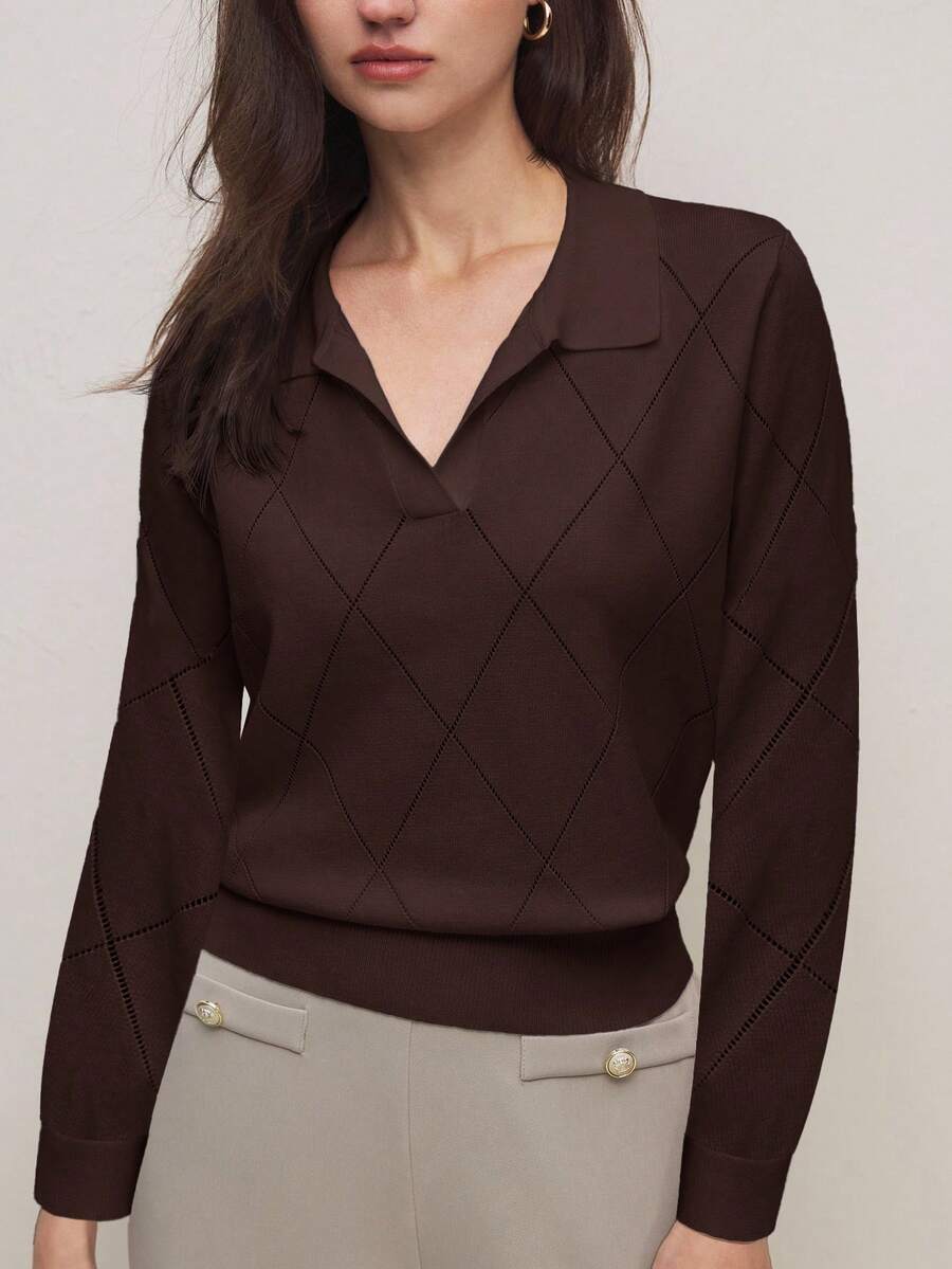 BizChic 2026 Spring/Summer New Asymmetrical Diamond Pattern Knitted Polo Neck Pullover Sweater For Women, 90s Teacher Chic Elegant Carnival Party British Retro College Style Back To School Music Festival Urban Commute - Brown - View 1