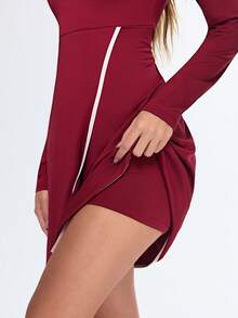Eassivo Eassivo Women's Wine Red Contrast Trim Long Sleeve Active Dress, Square Neck Skater Dress, Casual Fit And Flare,Women's Casual Contrast Trim Long Sleeve Sports Dress - Burgundy - View 7