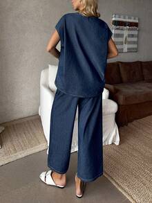 EMERY ROSE Women's Round Neck Short Sleeve Loose Fashion Casual Denim Set, Summer,Valentine's Day,Summer,Carnival,Beach,Party,Elegant Party Dress,Going Out - Blue - View 2