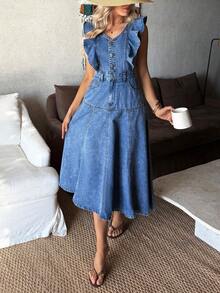 EMERY ROSE Women's Casual Ruffled Button Half-Placket Denim Dress, Summer,Valentine's Day,Summer,Carnival,Beach,Party,Elegant Party Dress,Going Out