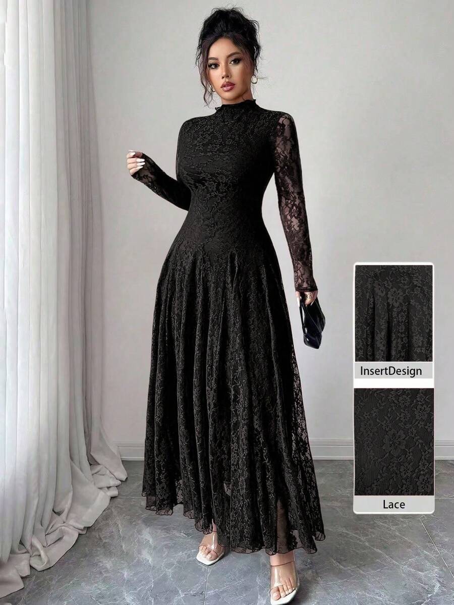 Modelyn Women's French Style Mock Neck Lace Cinched Waist Dress - Black - View 1