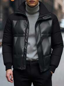 Manfinity Homme 男士前拉链长袖休闲棉服外套，冬季外套，适合送给朋友、丈夫、男朋友的礼物黑色羽绒夹克男士男士冬季夹克男士黑色皮夹克男士外套夹克羽绒夹克配皮革，秋季 - 黑色 - 查看 1