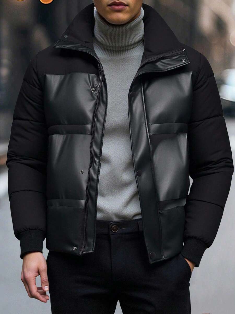 Manfinity Homme 男士前拉链长袖休闲棉服外套，冬季外套，适合送给朋友、丈夫、男朋友的礼物黑色羽绒夹克男士男士冬季夹克男士黑色皮夹克男士外套夹克羽绒夹克配皮革，秋季 - 黑色 - 查看 1