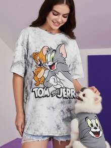 TOM & JERRY X SHEIN Women's Casual Tie Dye Cartoon Print Loose Drop Shoulder T-Shirt, Summer,Gray Tie-Dye T-Shirt, Cartoon Pattern Print, Versatile, Casual - Grey - View 8