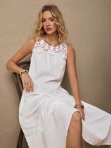 Freevana Váy dài màu trắng thường ngày có túi cho nữ, dáng rộng, bồng bềnh, phong cách Boho - trắng - Xem 6