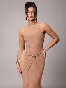 xheSilquee Vestido de cóctel elegante para mujer con cuello alto, manga larga, espalda descubierta y sexy, decorado con hebilla metálica, en color borgoña y claro, de tela de punto elástica, largo hasta el tobillo, adecuado para cóctel, cita romántica, vestido de punto maxi para otoño/invierno, fiesta formal, boda, dama de honor, vestido de noche, Halloween, Navidadxhe - Caqui - Ver 3