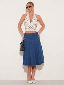 COSMINA 女士休闲日常办公通勤低腰褶裥牛仔裙 - 中等水洗藍 - 查看 3