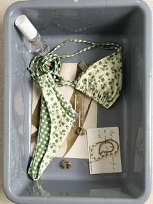 Swim Mod New Women's Summer 2-Piece Random Floral & Plaid Print Triangle Halter Bikini Top And Bottom Set, Beach Vacation Swimwear - Multicolor - View 1