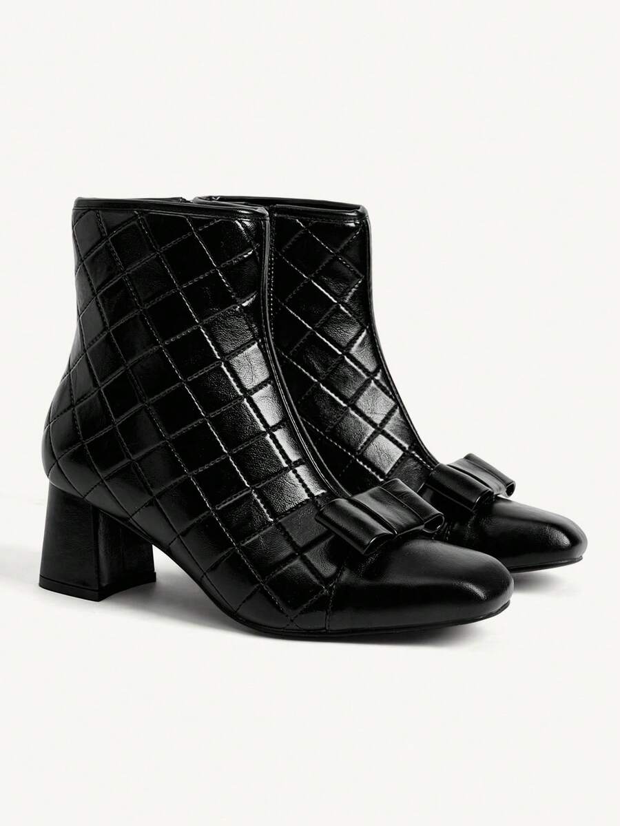 CUCCOO CHICEST Women's Bow Decor Side Zipper Design Fashion Chunky Heel Mid-Calf Boots For Christmas - Black - View 1