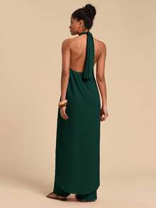 Travachic Women's Legend Halter Maxi Top + High Waist Straight Leg Pants 2 Pieces Set, Spring/Summer - Dark Green - View 2