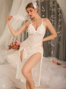 DelicateAllure Women's Mature Sexy Mesh Nightgown,Charming Lace Spaghetti Strap Maxi Dress,White Babydoll Lingerie,Suitable For Bedroom,Valentine's Day Wedding - White - View 1