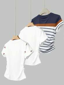 SHEIN 3件套女士夏季T恤，白色、藏青色、条纹、花卉印花、樱桃水果印花，返校季、休闲装 - 彩色 - 查看 2