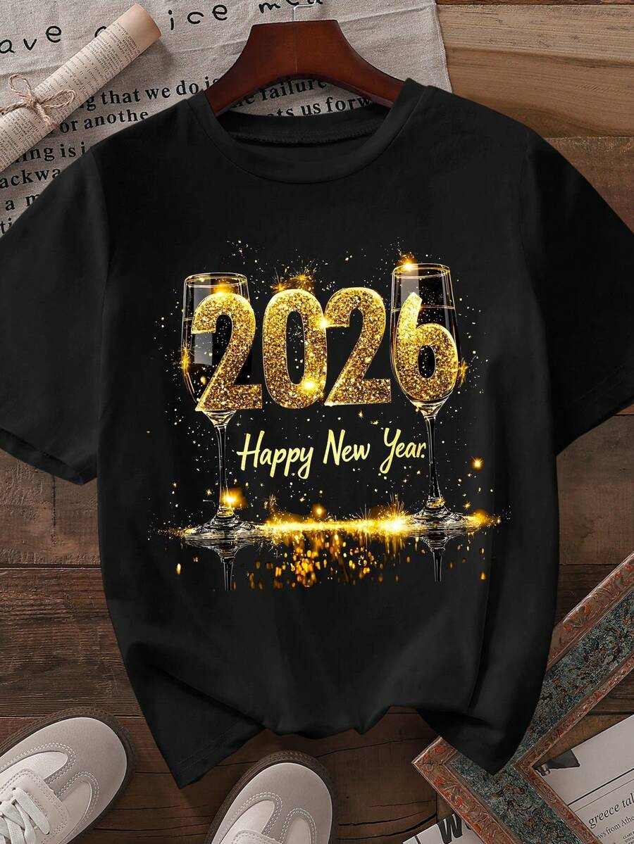 EMERY ROSE 加大码女式休闲2026新年短袖T恤 - 黑色 - 查看 1