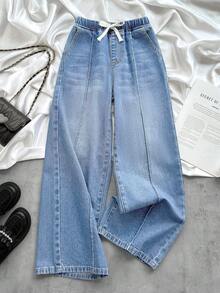 SHEIN Tween Girls' Tie Waist Pocket Wide Leg Loose Casual Jeans - Light Wash - View 1