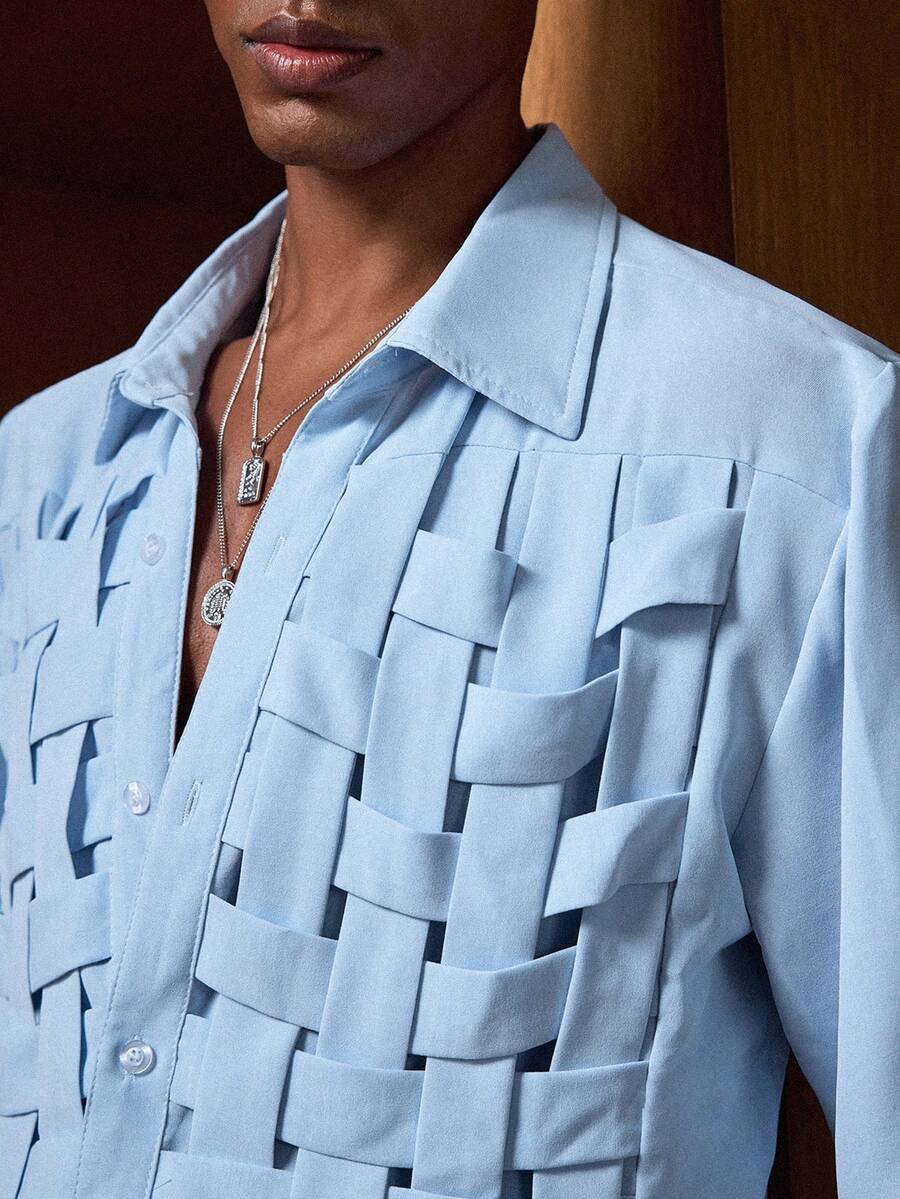 AKNOTIC 男士天蓝色休闲时尚衬衫，舒适百搭，适合聚会和派对等场合。 - 藍色 - 查看 1