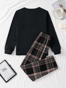 Tween BoyBrown Solid Comfortable Plaid 2 Pieces Pajama Set (Long Pants & Long Sleeve) Boys Plaid Pajama Sets - Navy Blue - View 2