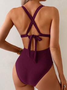 Swim Lushoire 1 bộ đồ bơi liền thân gợi cảm cho nữ với thiết kế cổ chữ V khoét sâu và lưng chéo, thoải mái và thích hợp cho việc bơi lội trong kỳ nghỉ - Màu Đỏ Sâu - Xem 2