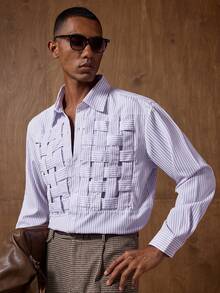 AKNOTIC Business Casual Chemise à manches longues rayée décontractée pour hommes, automne - Parme - Voir 2