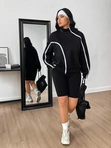 EMERY ROSE Đầm sơ mi dài tay có túi, họa tiết chấm bi, cỡ lớn, thích hợp mặc mùa xuân/thu. - Đen và trắng - Xem 5