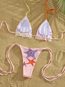 Swim Mod 女士海洋生物印花比基尼套装——挂脖系带设计，搭配侧边抽绳泳裤。饰有海星和海马图案，撞色拼接，时尚休闲。适合各种体型，亲肤舒适，无束缚感，并具有显瘦效果。是海滩度假、泳池派对、春假、啤酒节、音乐节和各种节日活动的完美之选。打造海滨风情和派对造型的必备单品！ - 彩色 - 查看 6