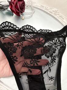 SHEIN 2pcs Women Lace Patchwork Sheer Twist Sexy Lingerie Set - Black - View 4