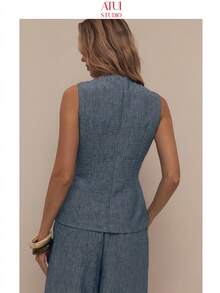 ATUI Studio Women's Casual Commuting Street Button-Front Sleeveless Pleated Pocket Elastic Waist Imitation Denim Texture Fabric Wide-Leg Linen  Vest Top Women, Business Casual Women,Office Outfits For Women,Office Wear Women, Blue Summer Top, Blue Crop Top,Going Out Tops Women,Old Money Style Women,Wedding Guest