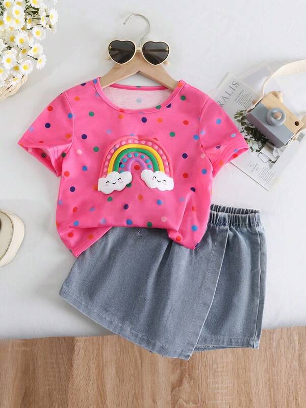 Elladie kids Back To School Girls Casual Cute Round Neck Colorful Polka Dot Rainbow Print T-Shirt And Solid Color Denim Skort Set, Summer Girls Cute Set Young Girls Clothing Sets Short Sleeve Children S Jeans Skirt Set Toddler Girl Clothes Summer Sets Two Piece Cute Set Kids