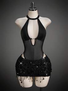 SHEIN ICON 性感修身网纱露背深V领高开衩连体衣（女款） - 黑色 - 查看 1