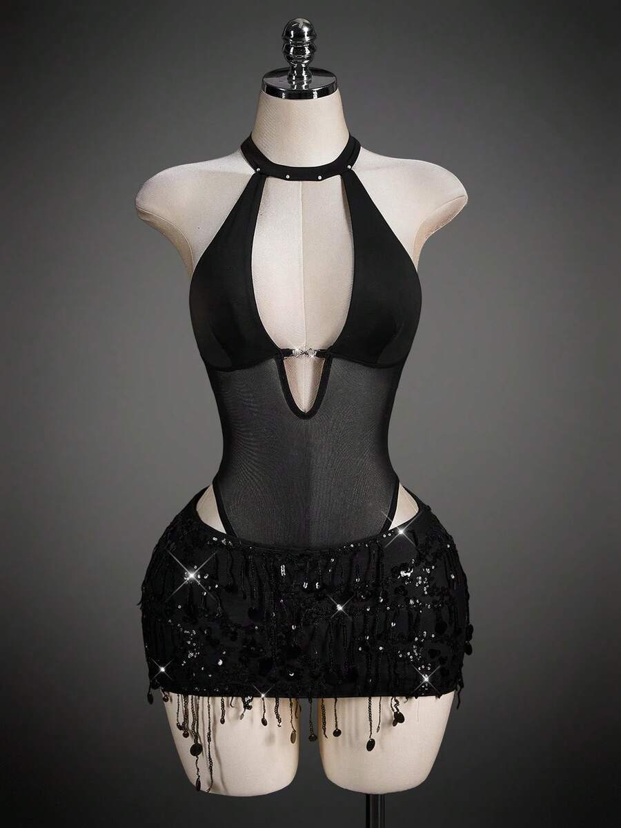 SHEIN ICON 性感修身网纱露背深V领高开衩连体衣（女款） - 黑色 - 查看 1