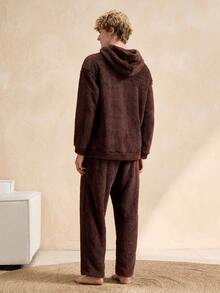Men's Drop Shoulder Long Sleeve Hooded Warm Pockets Winter Pajama Set - Multicolor - View 2