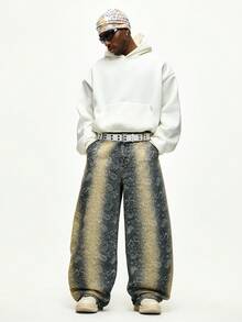 ROMWE MEN Street Life Men's Washed Curved Leg Cashew Flower Denim Jeans - Blue - View 3