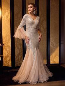 MOTF Soiréza Váy dạ hội dài chấm đất cổ chữ V sâu đính sequin dành cho nữ, tay áo dài xòe có tay áo và gấu váy bằng vải tuyn, chân váy đuôi cá nàng tiên cá và họa tiết hình bóng ôm sát, lý tưởng cho các buổi dạ hội, đám cưới và nhiều kiểu dáng khác nhau với trang sức và giày cao gót - Rượu sâm banh - Xem 5