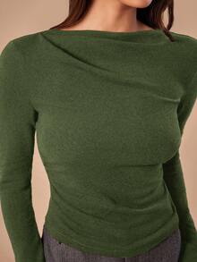 SHEIN Forever 21 F21 女士纯色简约优雅日常长袖修身T恤 - 綠色 - 查看 5