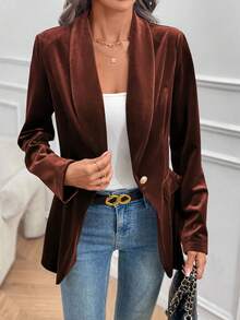 EMERY ROSE Women's Elegant Solid Color Velvet Blazer - Brown - View 4