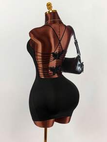 Amplova 女士纯色露背交叉吊带迷你连衣裙 - 黑色 - 查看 2