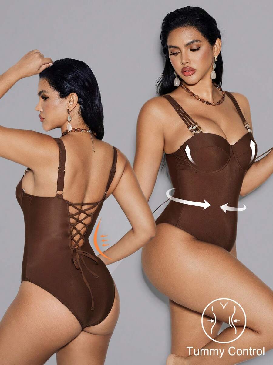 Shapewave 1pc Steel Bra Support Crossback Strap One-Piece Swimsuit, Deep Coffee Color, Beach & Resort Wear, Summer - Coffee Brown - View 1