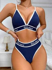 Letter Graphic Contrast Binding Bra & Panty Set Lingerie Set Sports - Royal Blue - View 3
