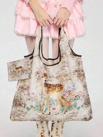 Fairycore Borsa a tracolla pieghevole con grande capacità e portamonete, con grafica a cartone animato