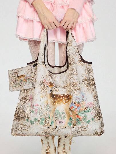 Fairycore Bolso de tela plegable de gran capacidad con estampado de dibujos animados y monedero