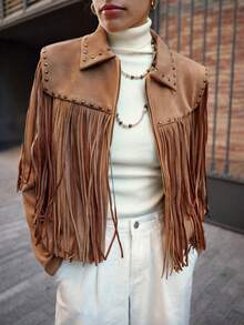 Maija 女士绒面短款开衫，带领，长袖，秋冬季款，饰有荷叶边口袋、流苏细节和撞色铆钉 - 棕色 - 查看 4