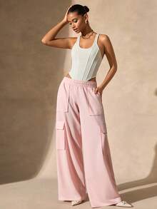 EURMUSE 时尚百搭纯色阔腿工装运动裤 - 粉色 - 查看 4